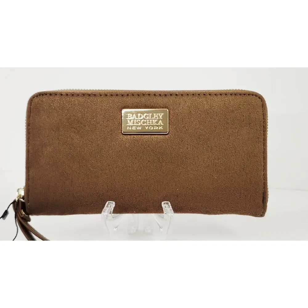 Badgley Mischka Tan Brown Suede Zip Around Wristlet Continental Wallet NWT